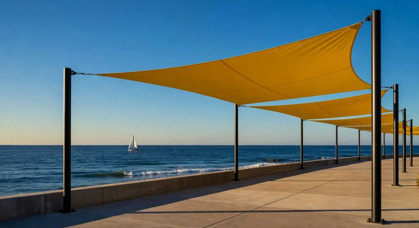 Voiles d'ombrage jaunes tendues en bord de mer vendéen — résistance vents atlantiques