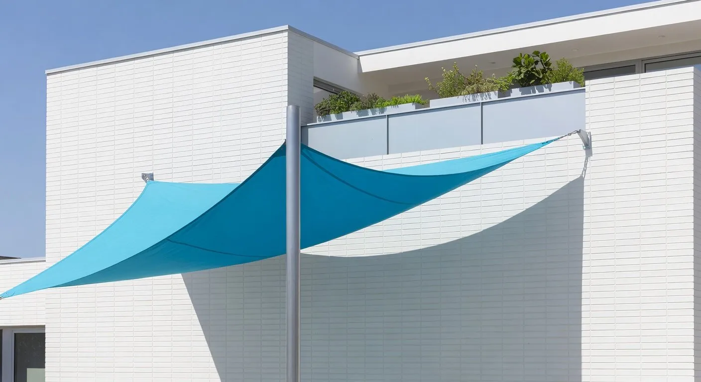 Voile d'ombrage bleue sur façade blanche — adaptation architecturale au nouveau climat de l'Ouest
