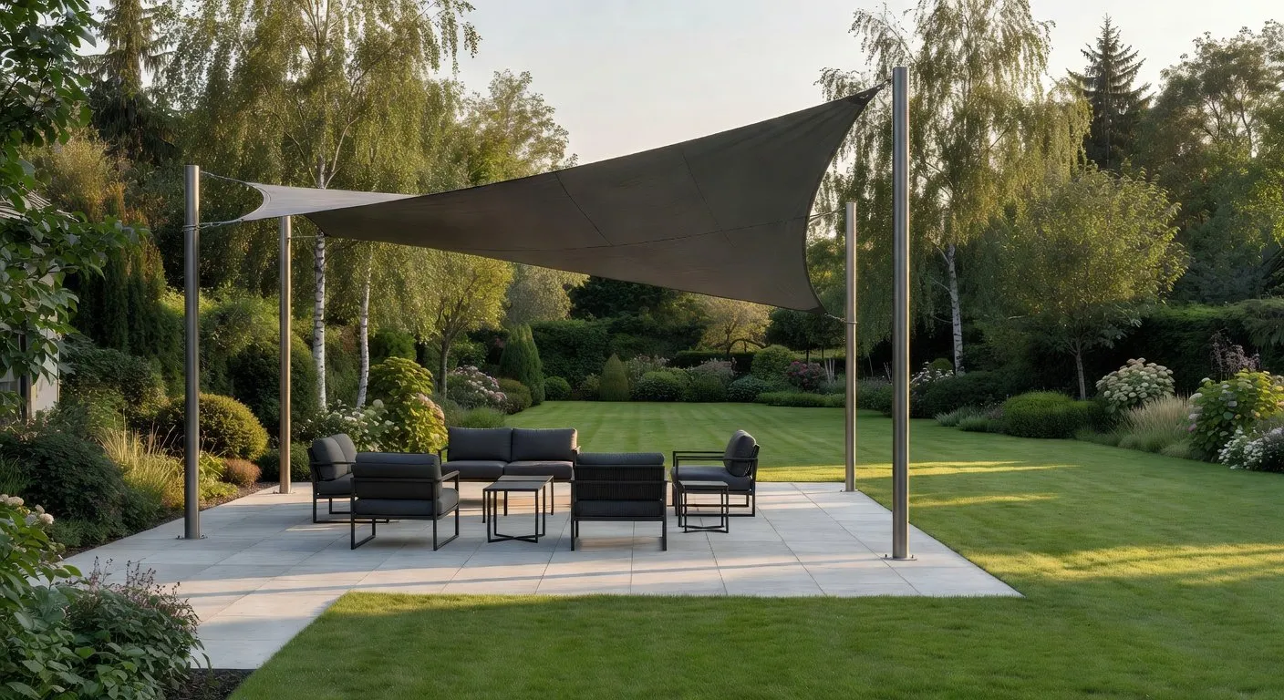 Voile d'ombrage grise sur jardin paysager — zone de jeu sécurisée et ombragée pour enfants