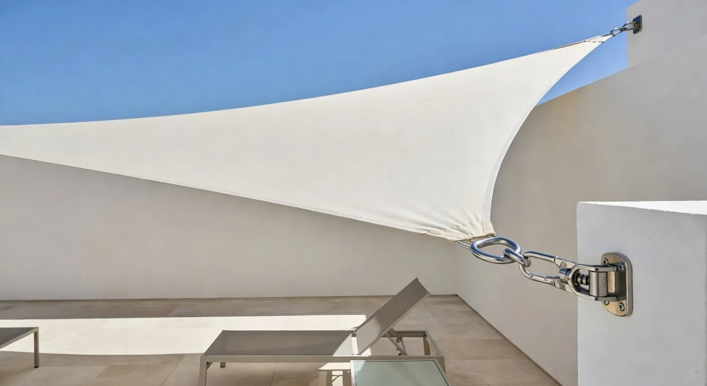 Détail de fixation inox sur pergola bioclimatique aluminium — accastillage marine qualité