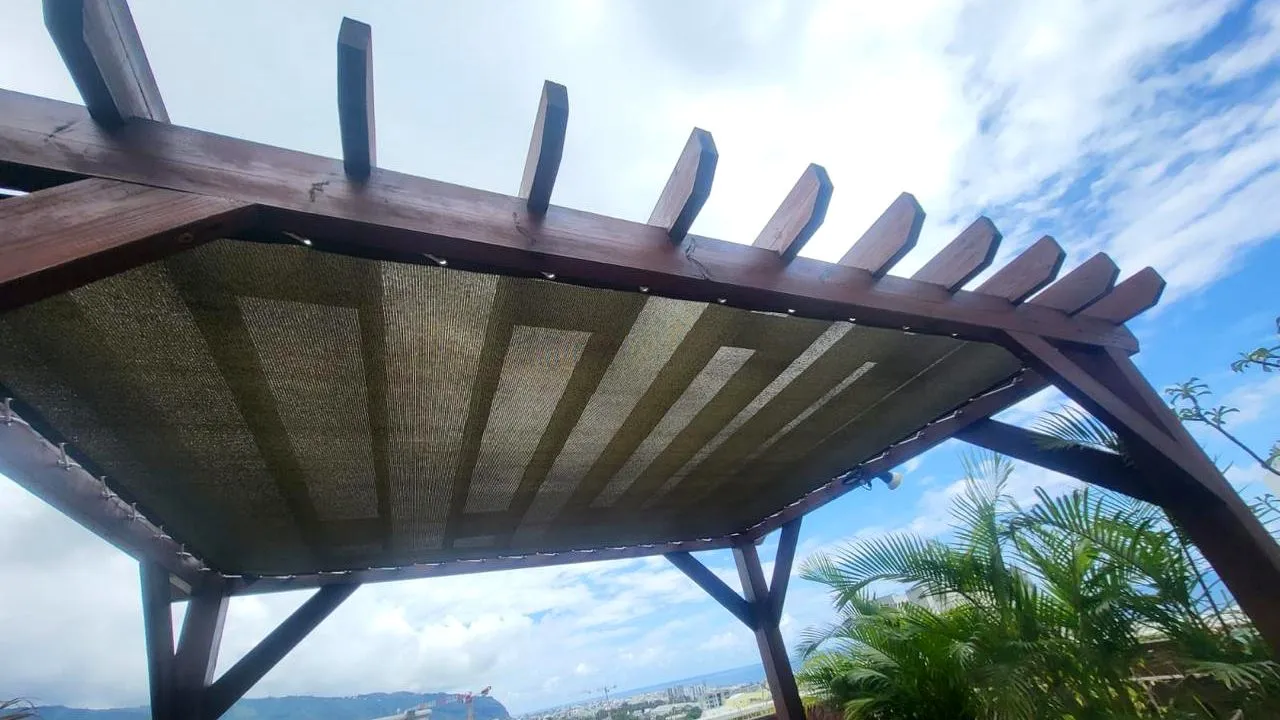 Voile d'ombrage sur terrasse de plain-pied avec palmier — résidence vendéenne côtière