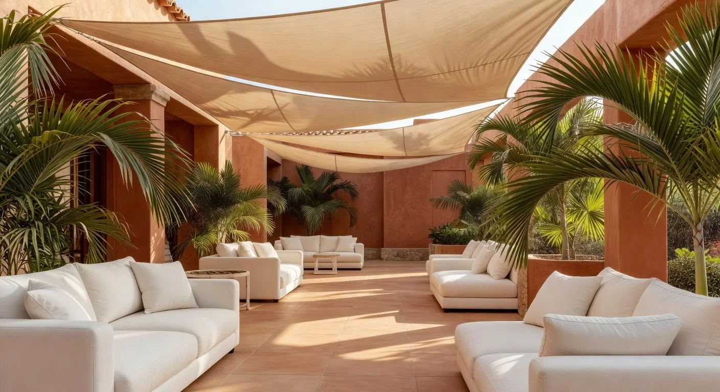 Terrasse lounge aménagée avec voile d'ombrage beige — espace de vie extérieur sur mesure
